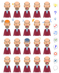 カーディガンを着たシニアの男性の20種類の表情
