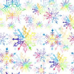 Watercolor seamless pattern multicolored snowflakes. Winter illustration for festive decor. Postcards, wallpaper, wrapping paper, stationery. Isolated on white background. Drawn by hand.