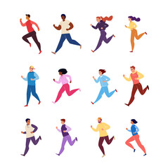 Fototapeta na wymiar Set of Running Male and Female Characters Athletes in Tracksuits Isolated on White Background. Vector Flat Cartoon.