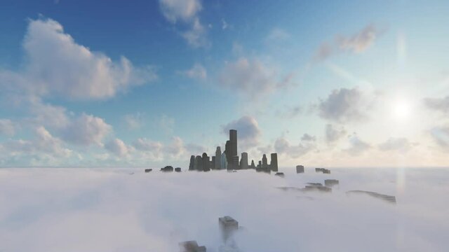 City skyscrapers over timelapse clouds against blue sky