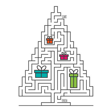 Christmas tree maze labyrinth game for kids. Labyrinth logic conundrum. One entrance and one right way to go. Vector flat illustration