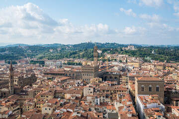Fototapeta na wymiar Aerial view of Florence city skyline, Palazzo Vecchio in a sunny day, Italy