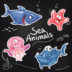 Sea animals in cartoon style. Cool sticker design on blackboard.