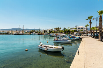 Fototapeta na wymiar Beautiful harbour view in Kos Island. Kos Island is a popular tourist destination in Greece.