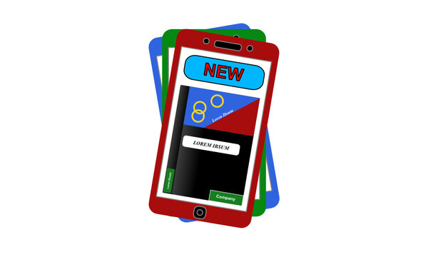 Drei verdreht übereinander liegende Smartphones in den RGB Farben rot, grün und blau vor weißem Hintergrund