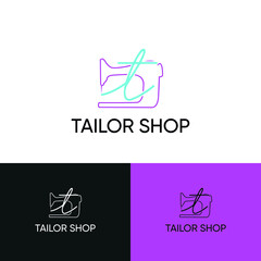 Initial t letter typography with sewing machine for tailor, craft, hand made, fashion business logo