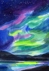 Obraz na płótnie Canvas Landscape of the starry night sky with lake mountains silhouettes and northern lights. Watercolor panorama for travel postcards, wallpapers, backgrounds.