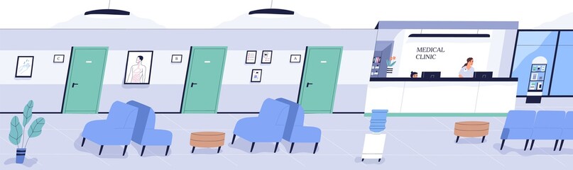 Modern clinic interior. Empty hospital hall with comfy furniture. Medical center with reception and comfortable waiting area. Colorful vector illustration in flat cartoon style