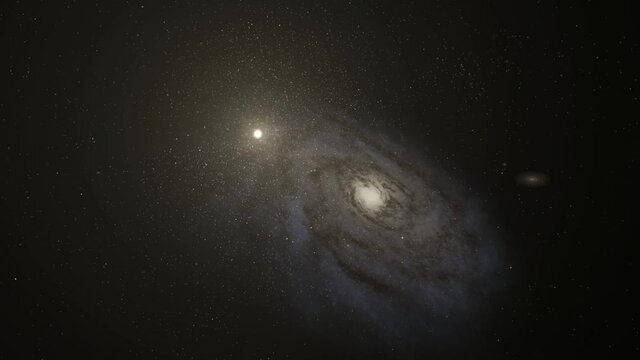 Exploration of galaxies through outer space towards a bright milky-way galaxy. 4K looping animation of flying through bright nebulae, clouds, and star fields. 