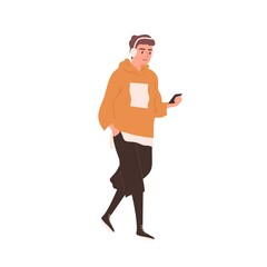 Young smiling man walking and listening to music in headphones. Male character in street style outfit holding smartphone. Flat vector cartoon illustration of stylish guy isolated on white background