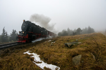 Fototapeta na wymiar Famous Brocken locomotive in the Harz Mountain National Park