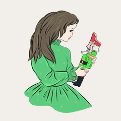 Girl in green dress holds nutcracker figurine. Vector illustration for Christmas card