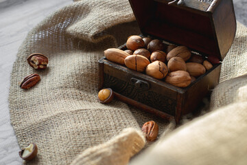 Nuts in organic environment. Macadamias, hazelnuts, pecans and almonds. 