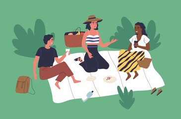 Happy young friends sitting on blanket in park and chatting. Scene of summer picnic and recreation outdoors. Women and man spend time together talking. Flat vector cartoon illustration