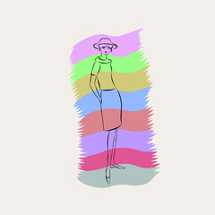 Linear drawing of fashionable woman on colorful background