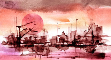 Watercolor art illustration. splash of paint, stain. black Silhouettes industrial city zone, urban landscape, sun, moon, sunset. Watercolor logo, drawing. Construction, crane, silhouette of the port.