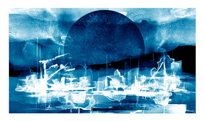 Watercolor art illustration. splash of paint, stain. Silhouettes industrial city zone, urban landscape, sun, moon, sunset. Watercolor logo, drawing. Construction, crane, silhouette of the port.