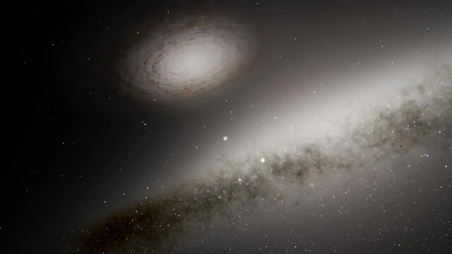 Exploration of galaxies through outer space towards a bright milky-way galaxy. 4K looping animation of flying through bright nebulae, clouds, and star fields. 