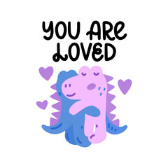 You are loved - cute colorful vector doodle with dinosaurs and hand lettering. Hand drawn dinosaurs in love. Vector template for card, postcard, banner, poster, sticker and social media