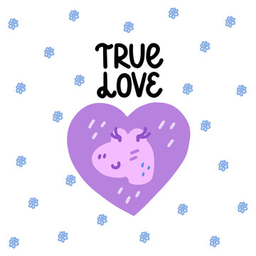 True love - cute colorful vector doodle with dinosaur and hand lettering. Hand drawn dinosaur with heart. Vector template for card, postcard, banner, poster, sticker and social media