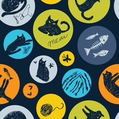 Vector blue colourful mystery cat pen sketch seamless pattern in circles. Perfect for fabric, scrapbooking and wallpaper projects.
