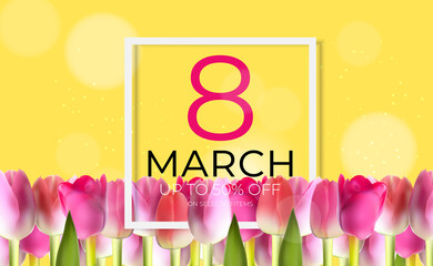 Poster International Happy Women's Day 8 March Greeting card sale banner. Can be used for advertising, web, social media, poster, flyer, greeting card. Vector Illustration EPS10