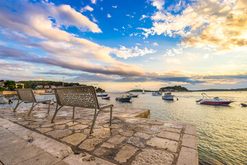 Hvar harbor at sunset in Croatia, Dalmatia