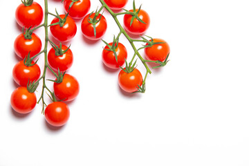 Cherry tomatoes branch isolated on white background . Red tomato. Tomatoes on a branch. Isolated background. Article about vegetables. Decoration. Copy space.