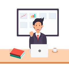 vector illustration of a businessman staring at a laptop with pleasure. white background