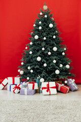 New Year presents christmas tree decor interior of the house