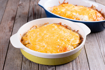 Potato gratin, gratin dauphinois, french cuisine on the table