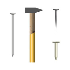 Hammer and nails front view, vector illustration.