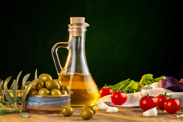 Olives and olive oil in studio