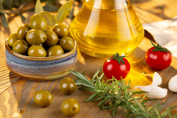 Olives and olive oil in studio