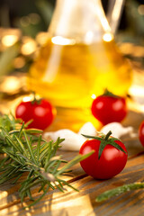 Olives and olive oil and vegetables  in studio