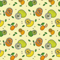 Citrus fruit variety seamless vector pattern background with pomelo, lime, lemon, mandarin, kumquat and oranges