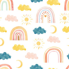 Watercolor cute baby boho rainbow seamless pattern with sun, clouds, moon phase. Childish nursery for kids decor, nursery print, textile fabric. - 398662764