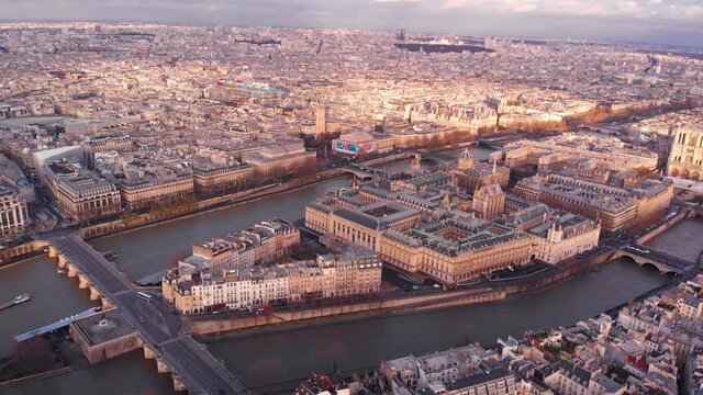 Magnificent Paris at early spring - Ile de la Cite, Notre-Dame, Pompidou Centre aerial footage