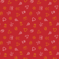 Seamless red Christmas holiday vector pattern with candy canes, Santa Claus, reindeer, gift box, Christmas tree, snowflake and bell symbols