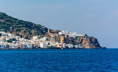 Fototapeta na wymiar Mandraki Viilage and Panagia Spiliani monastery view from sea in Nisyros Island