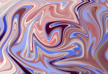 Abstract liquid pattern with colorful fluid shapes. Creative mix of oil paint swirls, pink, purple, blue color shades. Marbling texture with distortion effect in ebru or suminagashi style.