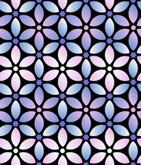 Retro style floral seamless vector pattern. Gradient flower ornament with six petals surrounded by leaves. Stock illustration for web, print, background wallpaper, wrapped and scrapbooking paper.