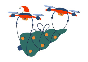 Contactless Christmas delivery. Drones carry a decorated fir tree. New Year isolated concept. Vector illustration