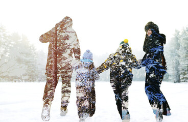 group of people in winter. double exposure photo
