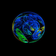 beautiful color fractal spherical spatial abstraction symbolizing the Earth on a black background. 3D rendering, illustration