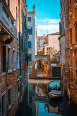 Fototapeta na wymiar Italy, Venice. Old italian architecture with landmark bridge, romantic boat. Venezia. Grand canal for gondola in travel europe city.