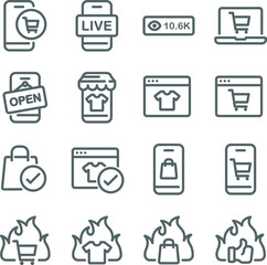 Fototapeta premium Online Selling icon illustration vector set. Contains such icons as Online shopping, Sale, Hot price, Live online selling, eCommerce, and more. Expanded Stroke