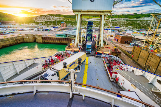 DOVER,ENGLAND - AUGUST 3,2016.  Lorries boarding DFDS ferry at the Port of Dover. DFDS Ferries sail from Dover to the French ports of Calais and Dunkirk