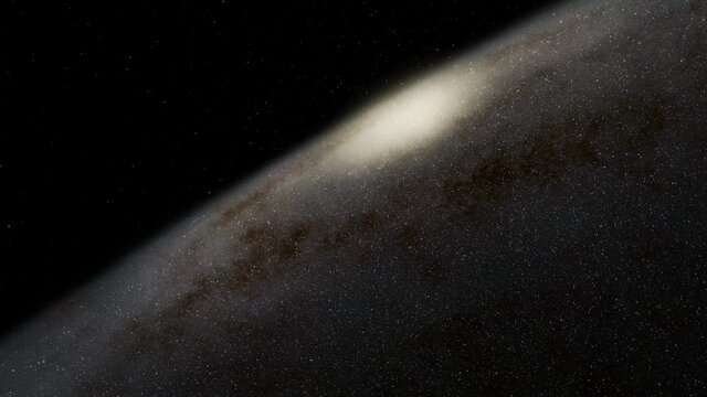 Exploration of galaxies through outer space towards a bright milky-way galaxy. 4K looping animation of flying through bright nebulae, clouds, and star fields. 