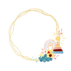 Watercolor cute boho rainbow and floral frame. Wreath Childish bohemian double golden glitter texture for baby shower, kids decor, newborn.